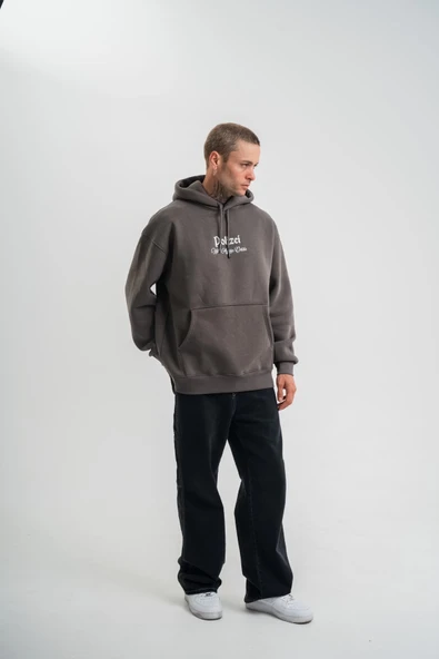 Erkek 3 İplik Kapüşonlu Hoodie Dijital Patchli SweatShirt - Füme ürün görseli 1