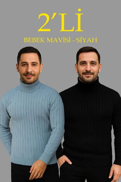 Erkek Fitilli Kazak Tam Boğazlı Balıkçı Yaka Triko 2'li Set Bebek Mavisi-Siyah ürün görseli 1