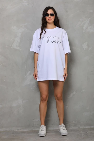 Kadın Kısa Kol Yazlık Tişört Bisiklet Yaka Baskılı Oversize T-Shirt - Beyaz ürün görseli 1