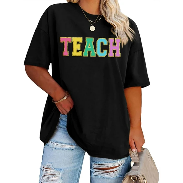 Kadın Baskılı T-Shirt Kısa Kol Bisiklet Yaka Oversize Rahat Kalıp Tişört - Siyah ürün görseli 1