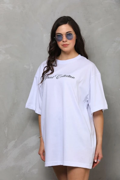 Kadın Baskılı T-Shirt Kısa Kol Bisiklet Yaka Oversize Rahat Kalıp Günlük Tişört - Beyaz ürün görseli 1