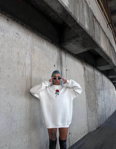 Kadın 3 iplik Pamuklu Bisiklet Yaka GÜL Baskılı SweatShirt - BeyazBeyaz ürün görseli 1