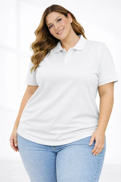 Kadın Battal Beden Tişört Polo Yaka Pike Kumaş Kısa Kol T-Shirt - Beyaz ürün görseli 1
