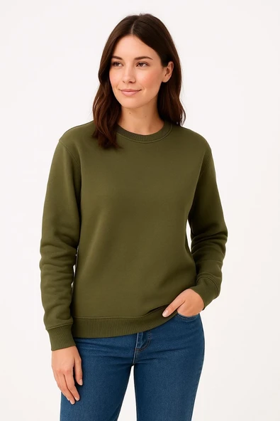 Kadın 3 İplik Pamuklu Düz Bisiklet Yaka SweatShirt - Haki ürün görseli 1