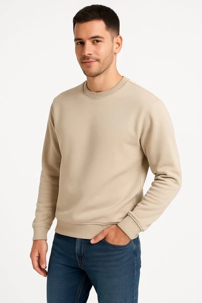 Erkek 3 İplik Pamuklu Düz Bisiklet Yaka SweatShirt - Bej ürün görseli 1