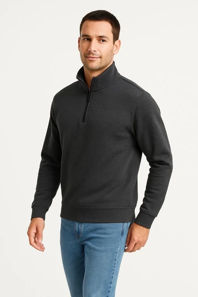 Erkek Dik Yaka Yarım Fermuarlı 3 İplik Pamuklu Sweatshirt -  Antrasit ürün görseli 1