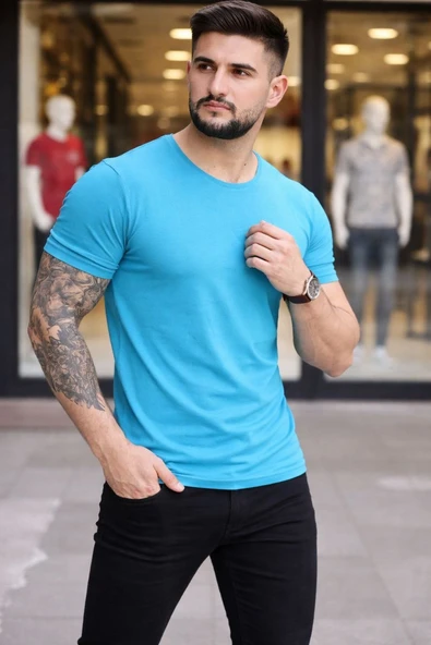 Erkek Body Tişört Bisiklet Yaka Slim Fit Likralı T-Shirt - Açık Mavi ürün görseli 1