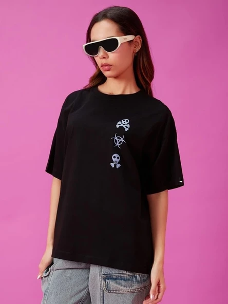 Kadın Kısa Kol Yazlık Tişört Bisiklet Yaka Baskılı Oversize T-Shirt - Siyah ürün görseli 1