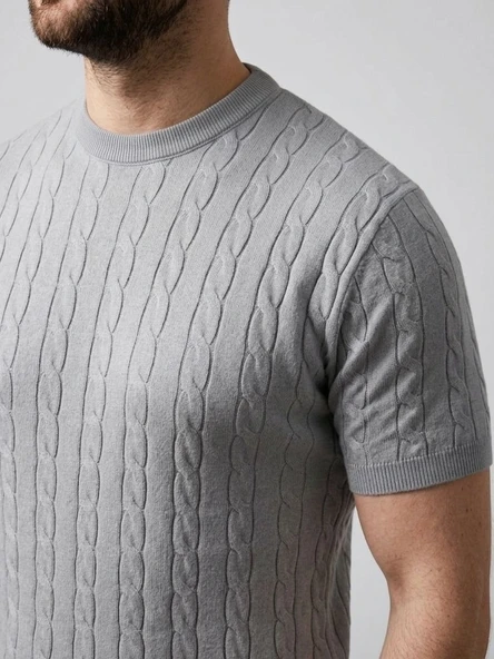 Erkek Yazlık Triko Dokuma Tişört Kısa Kol Bisiklet Yaka Örgü Desenli T-Shirt - Gri ürün görseli 1