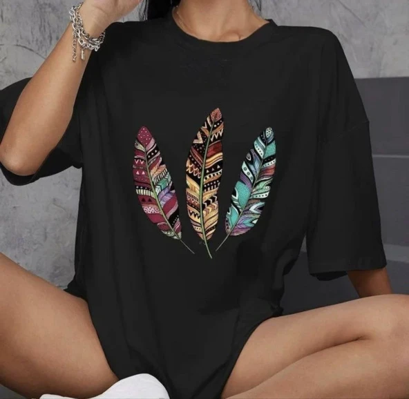Kadın Baskılı T-Shirt Kısa Kol Bisiklet Yaka Oversize Rahat Kalıp Günlük Tişört   - Siyah ürün görseli 1