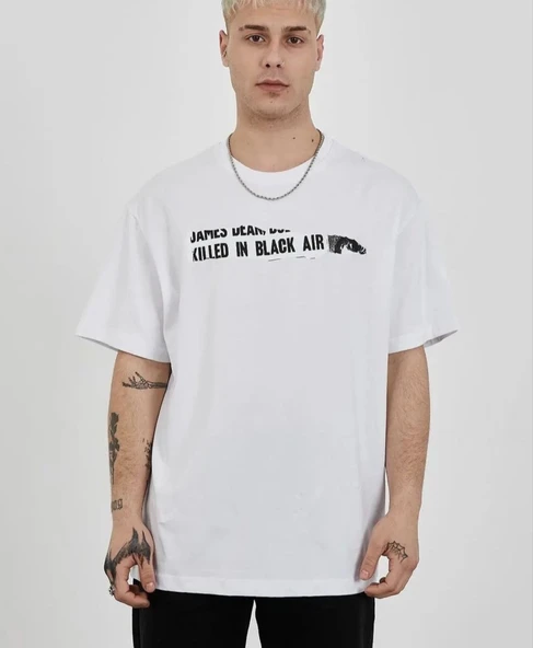 Erkek Kısa Kol Yazlık Tişört Bisiklet Yaka Baskılı Oversize T-Shirt - Beyaz ürün görseli 1