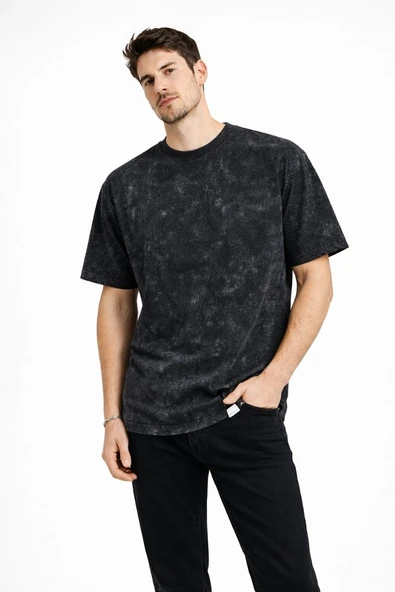 Erkek Asit Yıkama Bisiklet Yaka Kısa Kollu Oversize T-Shirt Tişört - Siyah ürün görseli 1