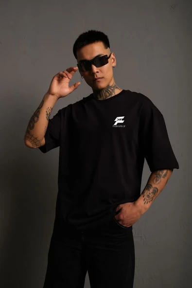 Erkek Kısa Kol Yazlık Tişört Bisiklet Yaka Baskılı Oversize T-Shirt - Siyah ürün görseli 1