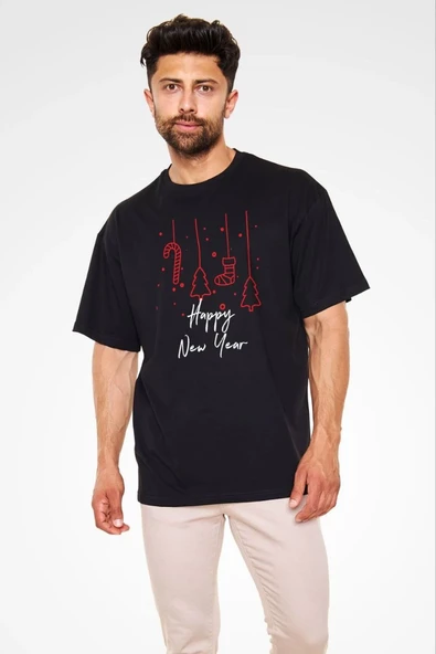 Erkek Kısa Kol Tişört Bisiklet Yaka Yeni Yıl Baskılı T-Shirt - Siyah ürün görseli 1