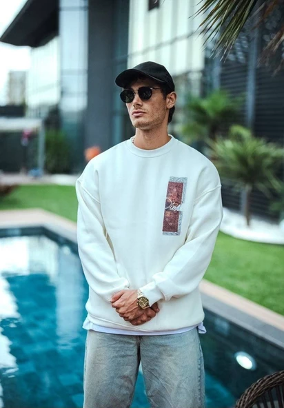 Erkek 3 iplik pamuklu Bisiklet Yaka Ön ve Arka Baskılı SweatShirt - Beyaz ürün görseli 1