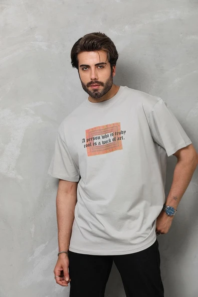 Erkek Baskılı T-Shirt Kısa Kol Bisiklet Yaka Regular Fit Rahat Kalıp Tişört -  Gri ürün görseli 1