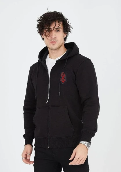 Erkek 3 İplik Pamuklu Kapüşonlu Tam Fermuarlı Cepli Hoodie Sweatshirt - Siyah ürün görseli 1