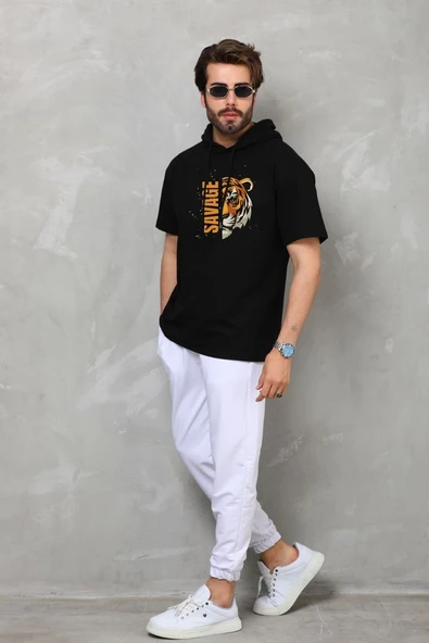 Erkek Kapüşonlu Kısa Kol Oversize Baskılı T-Shirt - Siyah ürün görseli 1