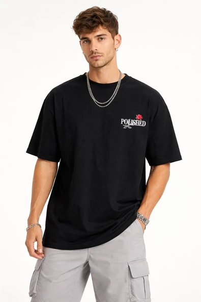 Erkek Kısa Kol Yazlık Tişört Bisiklet Yaka Baskılı Oversize T-Shirt - Siyah ürün görseli 1