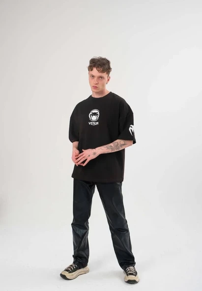 Erkek Kısa Kol Tişört Göğüs ve Kol Bisiklet Yaka Baskılı T-Shirt - Siyah ürün görseli 1