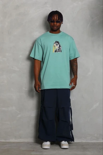 Erkek Baskılı T-Shirt Kısa Kol Bisiklet Yaka Regular Fit Tişört - Mint Yeşili ürün görseli 1