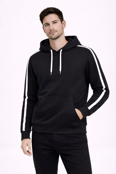 Erkek Şeritli Kapüşonlu Sweatshirt Oversize 3 iplik Pamuklu Hoodei - Siyah ürün görseli 1