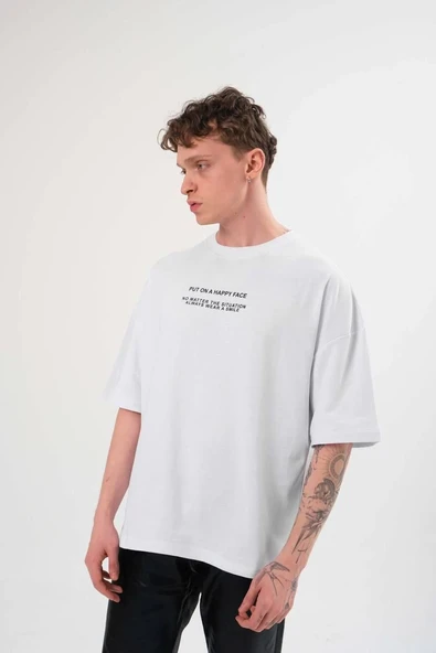 Erkek Kısa Kol Yazlık Tişört Bisiklet Yaka Baskılı Oversize T-Shirt - Beyaz ürün görseli 1