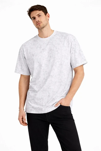 Erkek Asit Yıkama Bisiklet Yaka Kısa Kollu Oversize T-Shirt Tişört - Beyaz ürün görseli 1