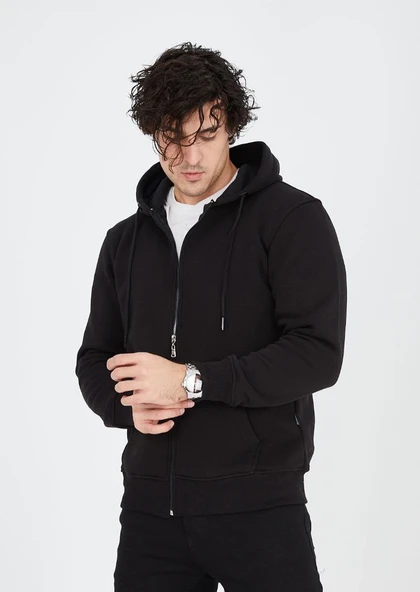 Erkek 3 İplik Pamuklu Kapüşonlu Tam Fermuarlı Cepli Hoodie Sweatshirt - Siyah ürün görseli 1
