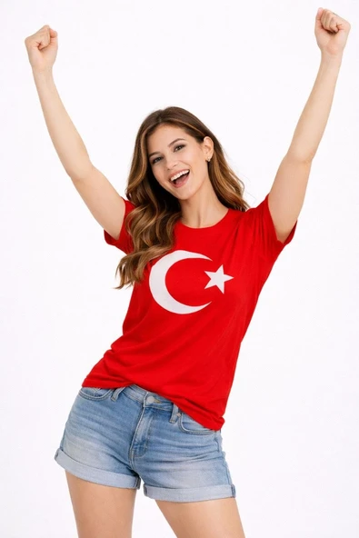 Kadın T-Shirt Kısa Kol Bisiklet Yaka Ay Yıldız Bayrak Baskılı Tişört - Kırmızı ürün görseli 1