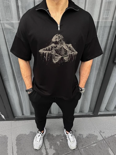 Erkek Yarım Fermuarlı Baskılı Oversize T-Shirt - Siyah ürün görseli 1