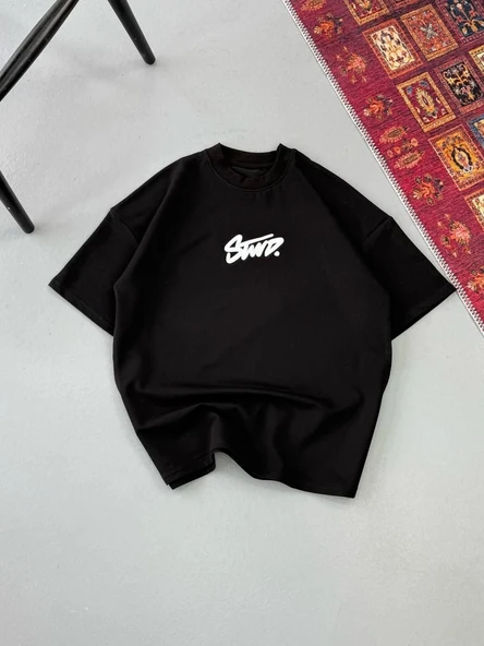 Erkek Kısa Kol Yazlık Tişört Bisiklet Yaka Baskılı Oversize T-Shirt - Siyah ürün görseli 1