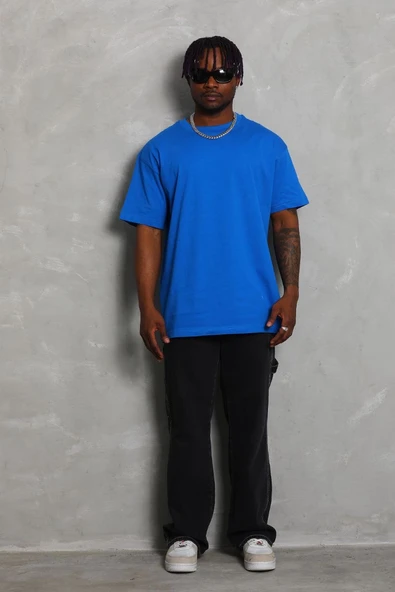 Erkek Düz Yazlık Kısa Kol Tişört Bisiklet Yaka Oversize T-Shirt - Mavi ürün görseli 1