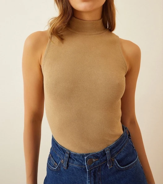 Kadın Full Likralı Fitilli Kaşkorse Body - Camel ürün görseli 1
