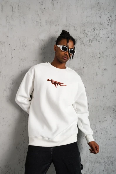 Erkek 3 İplik Pamuklu Bisiklet Yaka Gangster Baskılı Sweatshirt - Beyaz ürün görseli 1