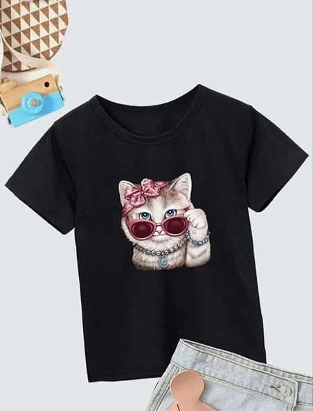 Kız Çocuk Bisiklet Yaka Baskılı T-Shirt - Siyah ürün görseli 1