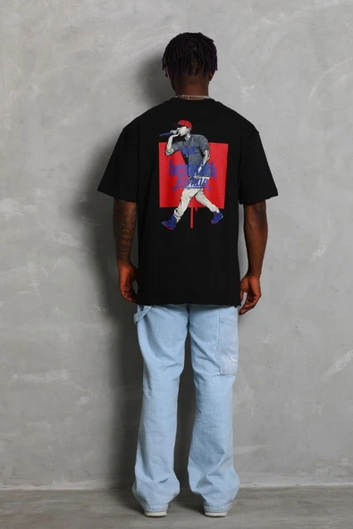 Erkek Baskılı Tişört Kısa Kol Bisiklet Yaka Oversize T-Shirt - - Siyah ürün görseli 1