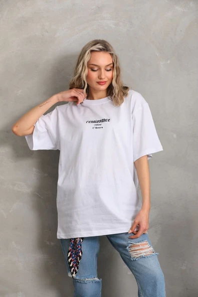 Kadın Kısa Kol Yazlık Tişört Bisiklet Yaka Baskılı Oversize T-Shirt - Beyaz ürün görseli 1