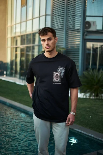 Erkek Kısa Kol Yazlık Tişört Bisiklet Yaka Baskılı Oversize T-Shirt - Siyah ürün görseli 1