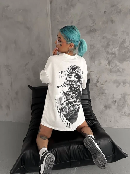 Kadın Kısa Kol Tişört Bisiklet Yaka Filistin Poşülü Baskılı T-Shirt - Beyaz ürün görseli 1