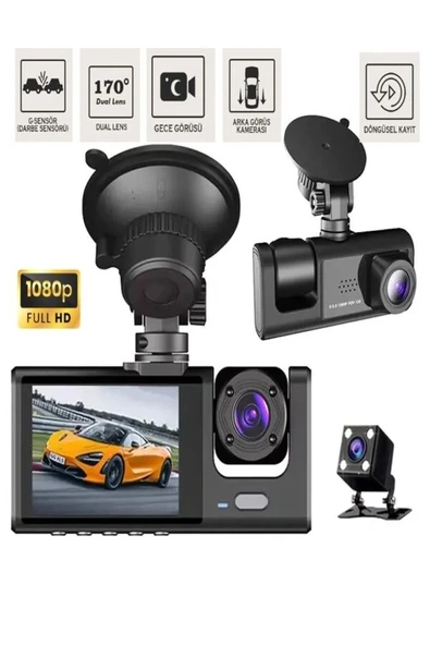 1080p 3 Kameralı Araç İçi Kamera IPS Ekranlı Ultra Geniş Açılı Gece Görüşlü G Sensörlü ürün görseli 1