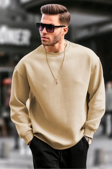 Erkek Düz Bisiklet Yaka 3 iplik pamuklu Sweatshirt - Bej ürün görseli 1