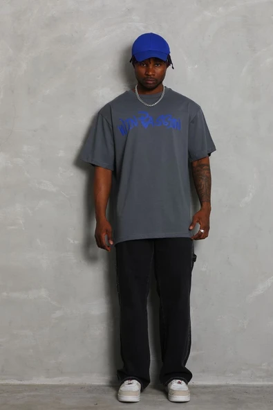 Erkek Baskılı Tişort Kısa Kol Bisiklet Yaka Oversize T-Shirt - Füme ürün görseli 1
