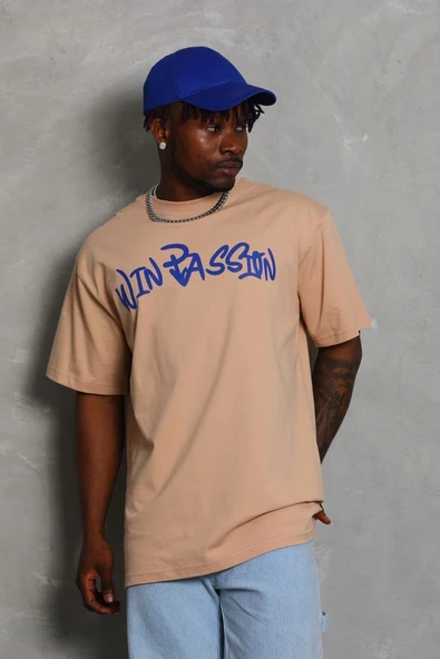 Erkek Baskılı Tişört Kısa Kol Bisiklet Yaka Oversize T-Shirt - Bej ürün görseli 1
