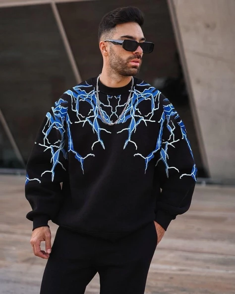 Erkek Yıldırım Baslılı Bisiklet Yaka 3 iplik pamuklu Sweatshirt - Siyah ürün görseli 1