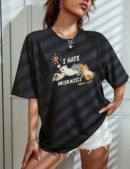 Kadın Tişört Bisiklet Yaka Baskılı Oversize T-Shirt - Siyah ürün görseli 1