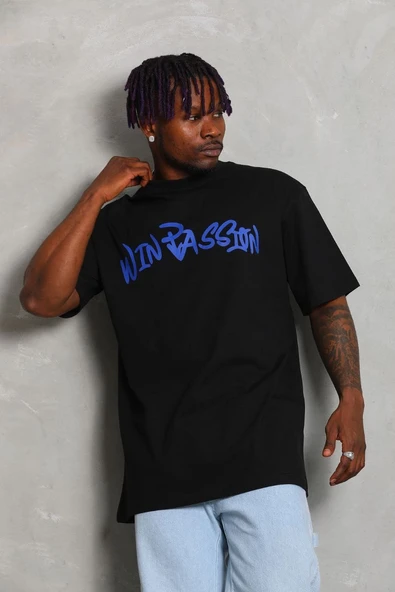 Erkek Baskılı Tişört Kısa Kol Bisiklet Yaka Oversize T-Shirt - Siyah ürün görseli 1