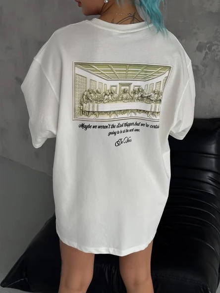 Kadın Baskılı T-Shirt Kısa Kol Bisiklet Yaka Oversize Rahat Kalıp Günlük Tişört - Beyaz ürün görseli 1