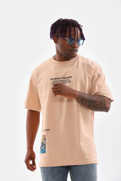 Erkek  Bisiklet Yaka Baskılı Oversize T-Shirt - Bej ürün görseli 1