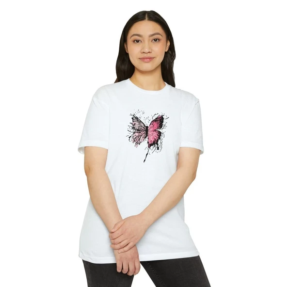 Kadın Bisiklet Yaka kelebek Baskılı Kısa kol  T-Shirt - Beyaz ürün görseli 1